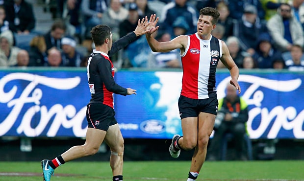 Two young rucks jostle for position as the Saints look to upset the Bombers on Friday night. - St Kilda Saints,Essendon Bombers,In the Mix